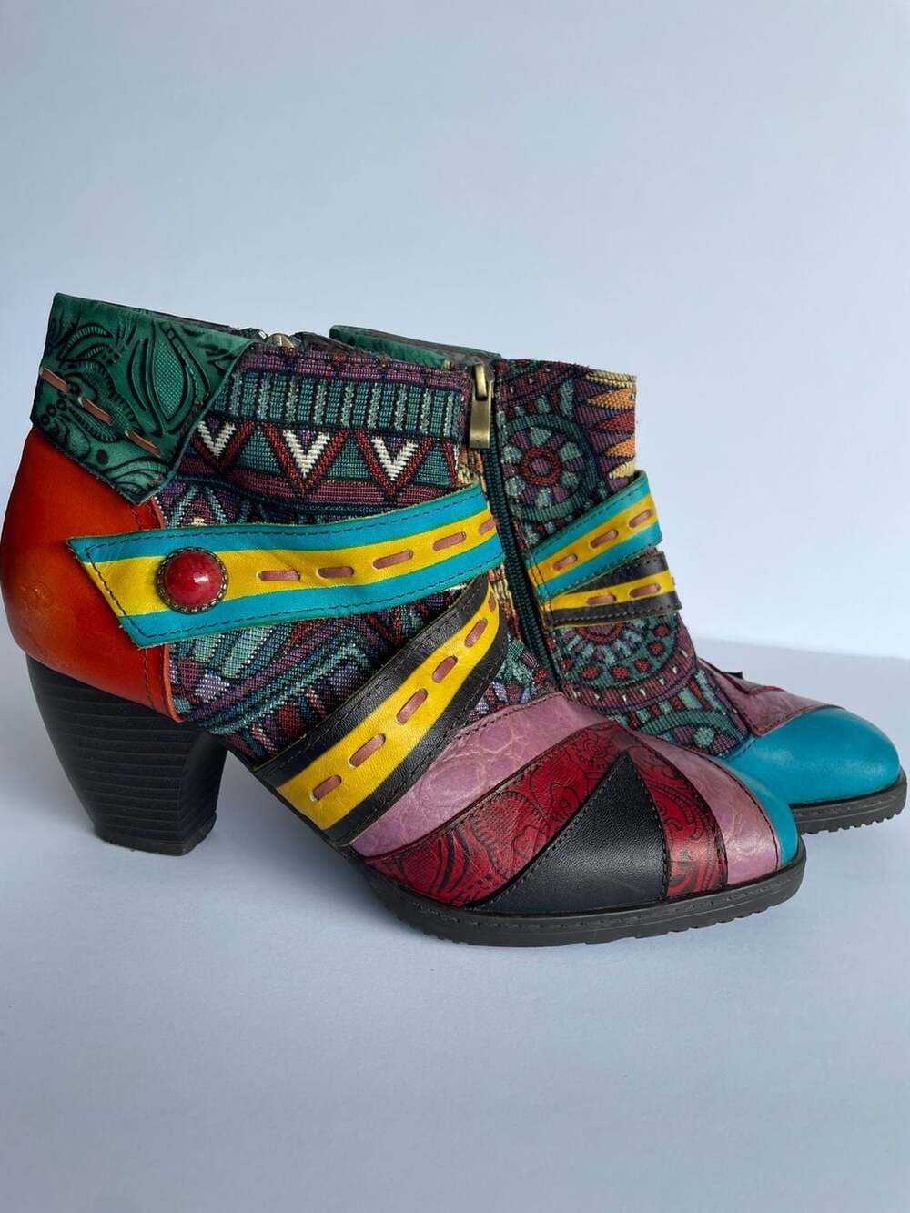 Socofy Wearable Art Patchwork Ankle Boots Boho Leather Womens 7.5-8 Est Hippie